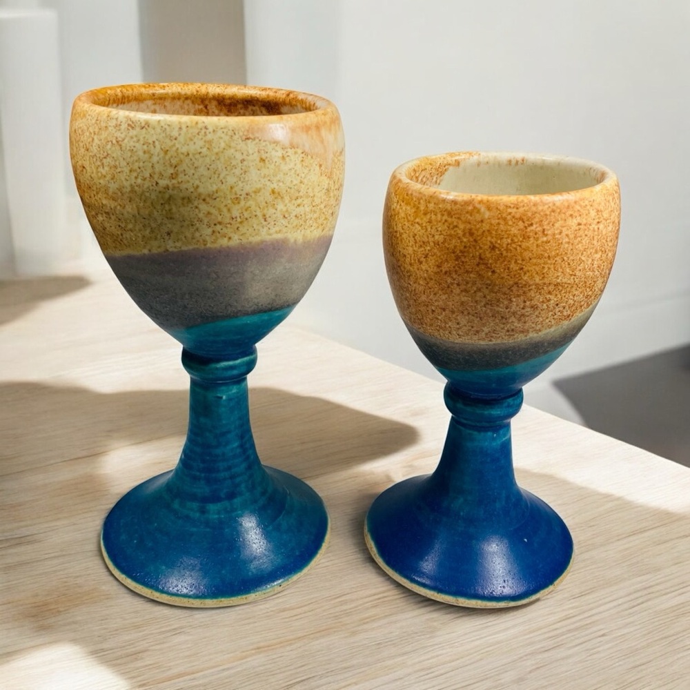 Studio Art Pottery Handcrafted Stoneware Goblets Chalice inTeal Blue & T…